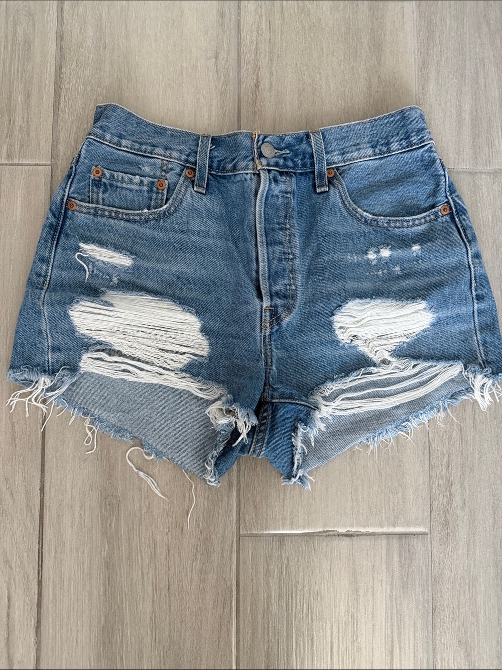 Levi's Distressed High-Rise Ripped Denim Shorts - Blue